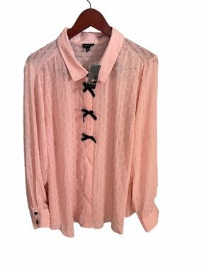 torrid 3 Pink Sheer Dot-Textured Button Blouse with Black Bow Trim 3X